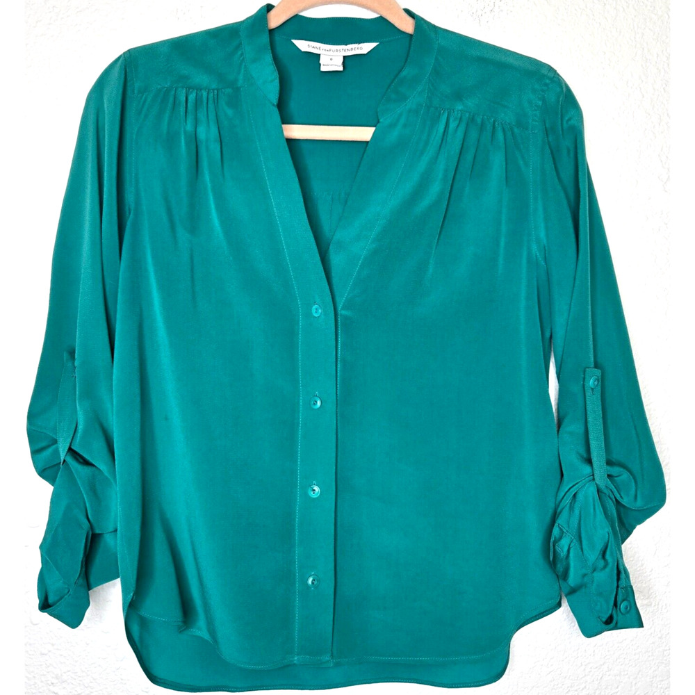 Diane von Furstenberg Womens Harlow Silk Blouse 0 Zephyr Green Roll Tab Sleeve‎